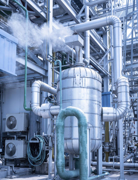 Pipeline at Industrial zone, pipe to silencer of heat recovery steam generator at power plant,Deaerator at power plant, Factory and industrial concept.